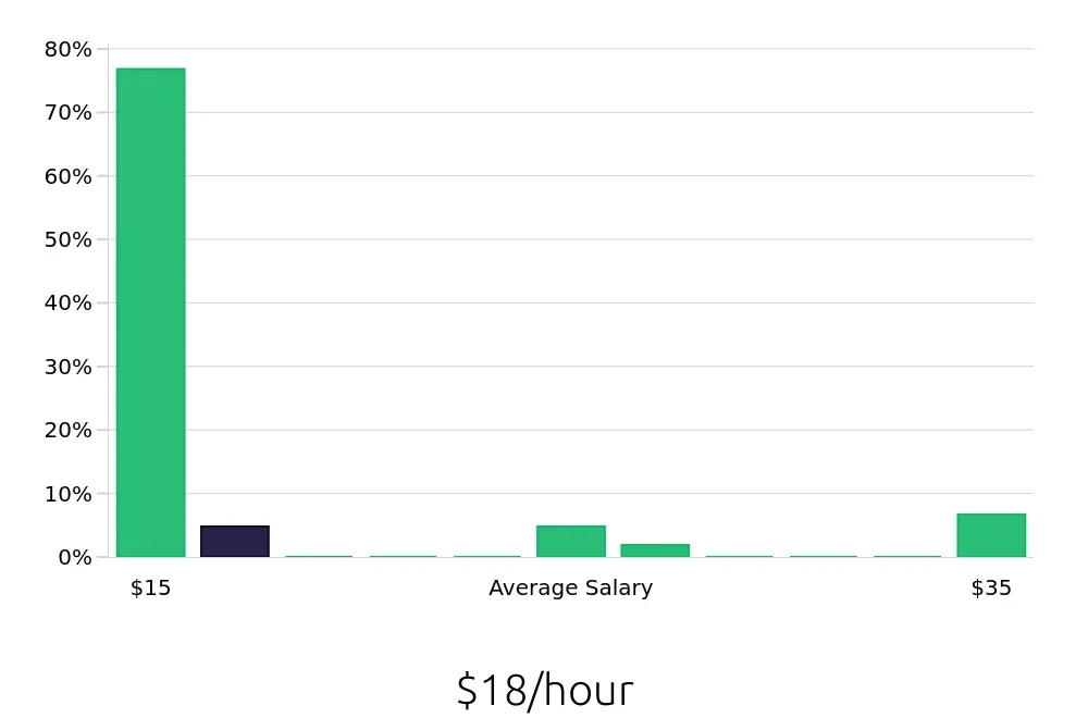 Graph depicting the hourly salary distribution for Team Member jobs in Melville, NY, showing an average salary of $18 with varying distribution percentages across salary ranges.
