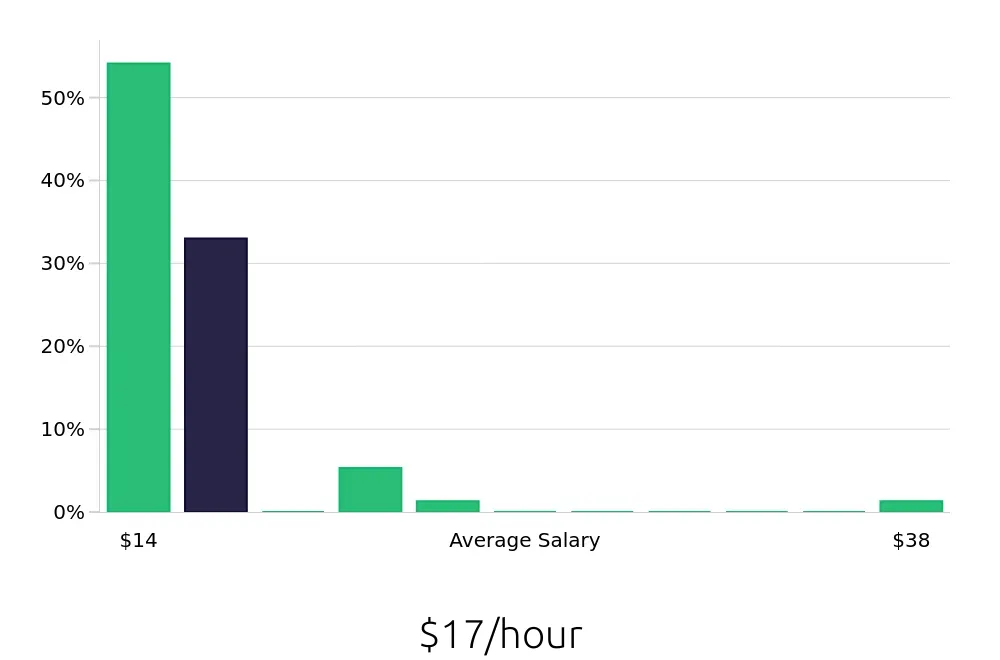 Graph depicting the hourly salary distribution for Team Member jobs in Methuen, MA, showing an average salary of $17 with varying distribution percentages across salary ranges.