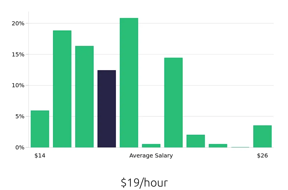 Graph depicting the hourly salary distribution for Team Member jobs in Napa, CA, showing an average salary of $19 with varying distribution percentages across salary ranges.