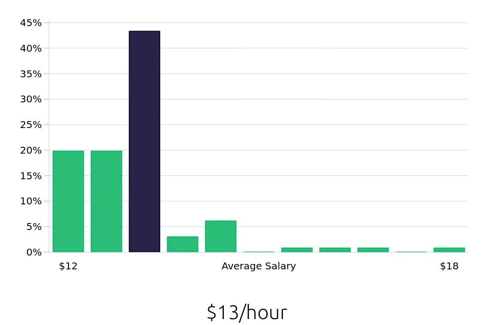 Graph depicting the hourly salary distribution for Team Member jobs in New Berlin, WI, showing an average salary of $13 with varying distribution percentages across salary ranges.