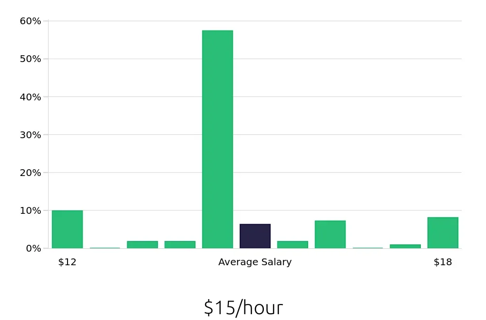 Graph depicting the hourly salary distribution for Team Member jobs in Paterson, NJ, showing an average salary of $15 with varying distribution percentages across salary ranges.