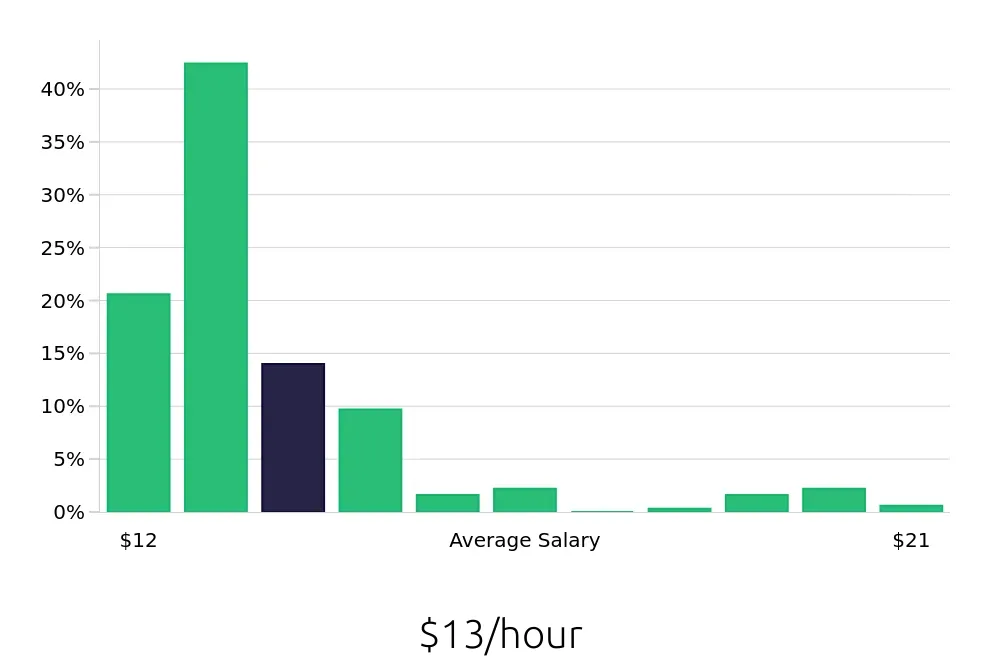 Graph depicting the hourly salary distribution for Team Member jobs in Roanoke, VA, showing an average salary of $13 with varying distribution percentages across salary ranges.