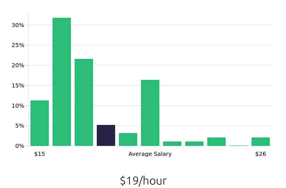 Graph depicting the hourly salary distribution for Team Member jobs in San Luis Obispo, CA, showing an average salary of $19 with varying distribution percentages across salary ranges.