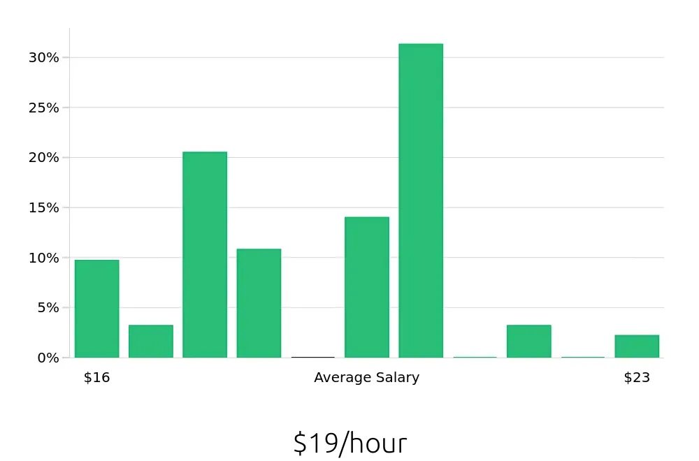 Graph depicting the hourly salary distribution for Team Member jobs in Santa Cruz, CA, showing an average salary of $19 with varying distribution percentages across salary ranges.