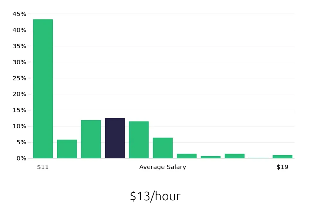 Graph depicting the hourly salary distribution for Team Member jobs in Southfield, MI, showing an average salary of $13 with varying distribution percentages across salary ranges.