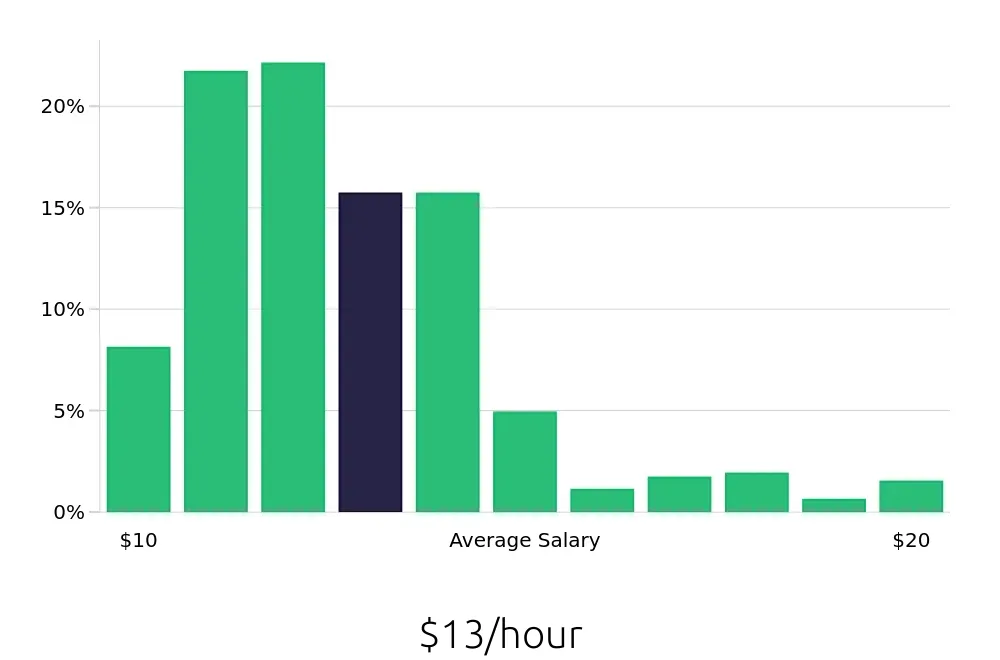 Graph depicting the hourly salary distribution for Team Member jobs in Summerville, SC, showing an average salary of $13 with varying distribution percentages across salary ranges.