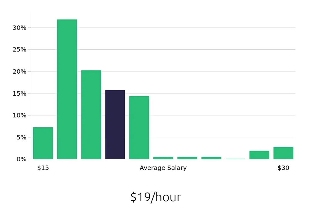 Graph depicting the hourly salary distribution for Team Member jobs in Sunnyvale, CA, showing an average salary of $19 with varying distribution percentages across salary ranges.