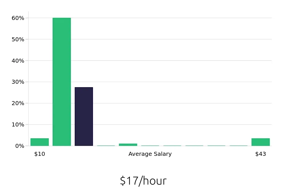 Graph depicting the hourly salary distribution for Team Member jobs in Union, NJ, showing an average salary of $17 with varying distribution percentages across salary ranges.