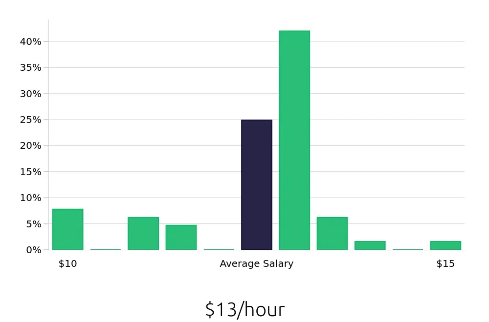 Graph depicting the hourly salary distribution for To Go Specialist jobs in Saint Petersburg, FL, showing an average salary of $13 with varying distribution percentages across salary ranges.
