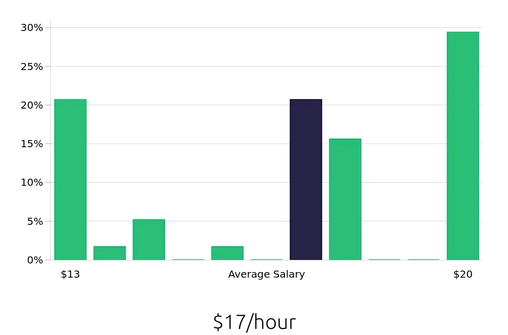 Graph depicting the hourly salary distribution for Traffic Control Flagger jobs in Baltimore, MD, showing an average salary of $17 with varying distribution percentages across salary ranges.