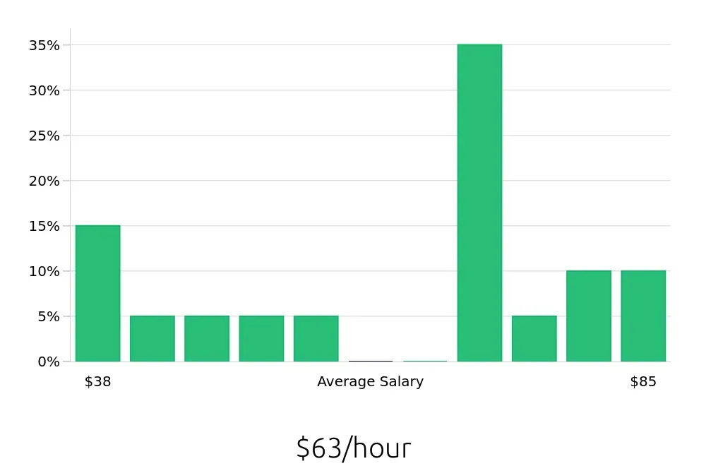 Graph depicting the hourly salary distribution for Ultrasound Technologist jobs in Jamaica, NY, showing an average salary of $63 with varying distribution percentages across salary ranges.