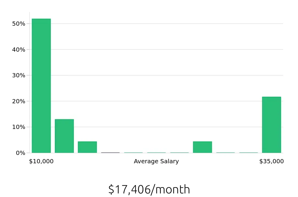 Graph depicting the monthly salary distribution for Clinical Psychologist jobs in Asheville, NC, showing an average salary of $17,406 with varying distribution percentages across salary ranges.