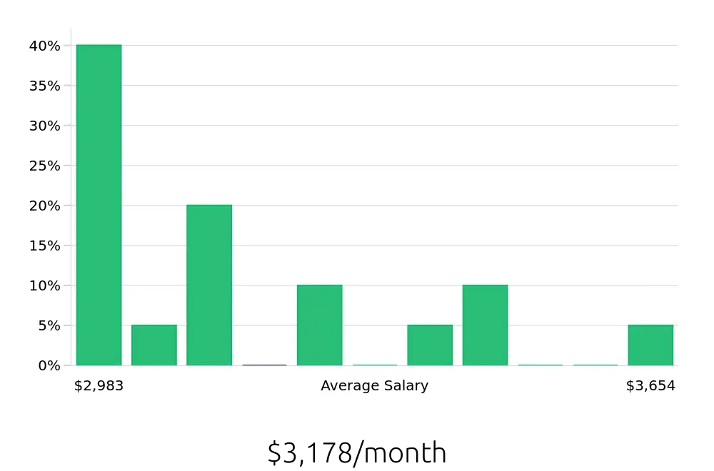 Graph depicting the monthly salary distribution for Meat Cutter jobs in Ashburn, VA, showing an average salary of $3,178 with varying distribution percentages across salary ranges.