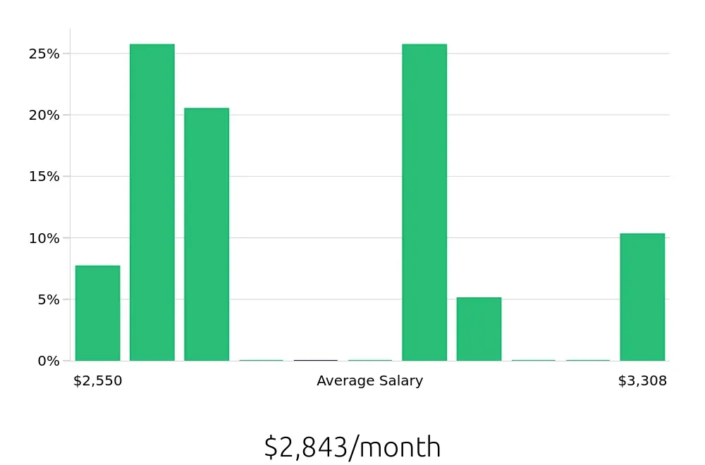 Graph depicting the monthly salary distribution for Merchandiser jobs in Oneonta, NY, showing an average salary of $2,843 with varying distribution percentages across salary ranges.