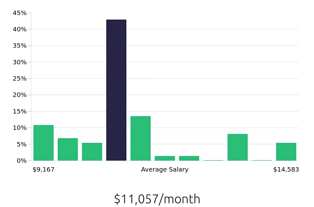 Graph depicting the monthly salary distribution for Nurse Practitioner jobs in Elmira, NY, showing an average salary of $11,057 with varying distribution percentages across salary ranges.