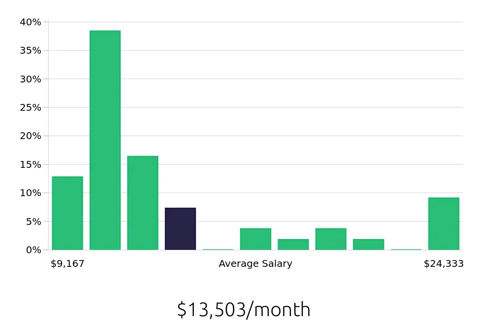 Graph depicting the monthly salary distribution for Nurse Practitioner jobs in Hempstead, NY, showing an average salary of $13,503 with varying distribution percentages across salary ranges.