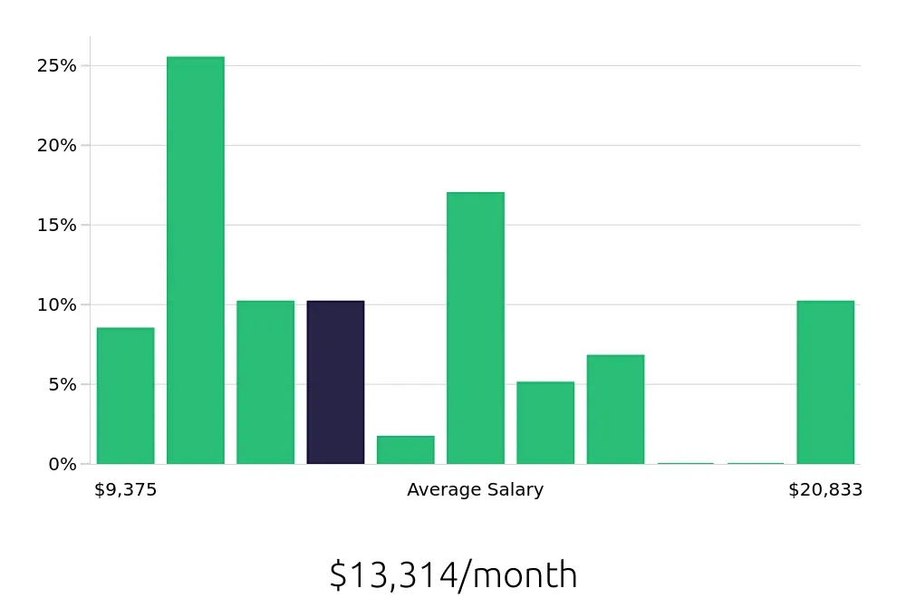 Graph depicting the monthly salary distribution for Nurse Practitioner jobs in Lake Havasu City, AZ, showing an average salary of $13,314 with varying distribution percentages across salary ranges.