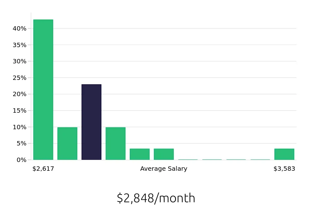 Graph depicting the monthly salary distribution for Packer jobs in Solon, OH, showing an average salary of $2,848 with varying distribution percentages across salary ranges.