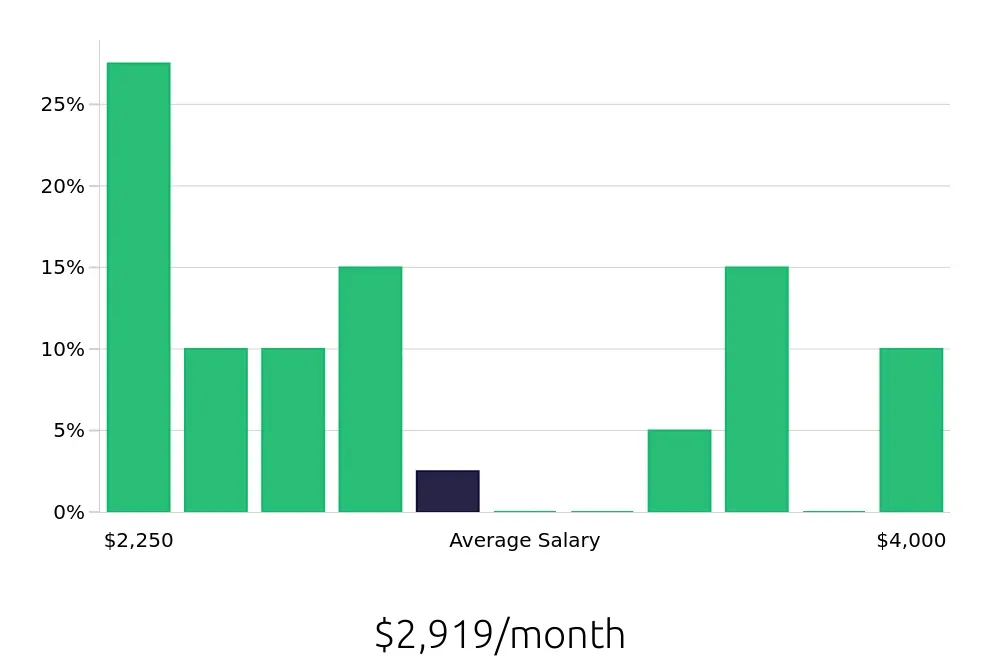 Graph depicting the monthly salary distribution for Retail Merchandiser jobs in Lewisville, TX, showing an average salary of $2,919 with varying distribution percentages across salary ranges.
