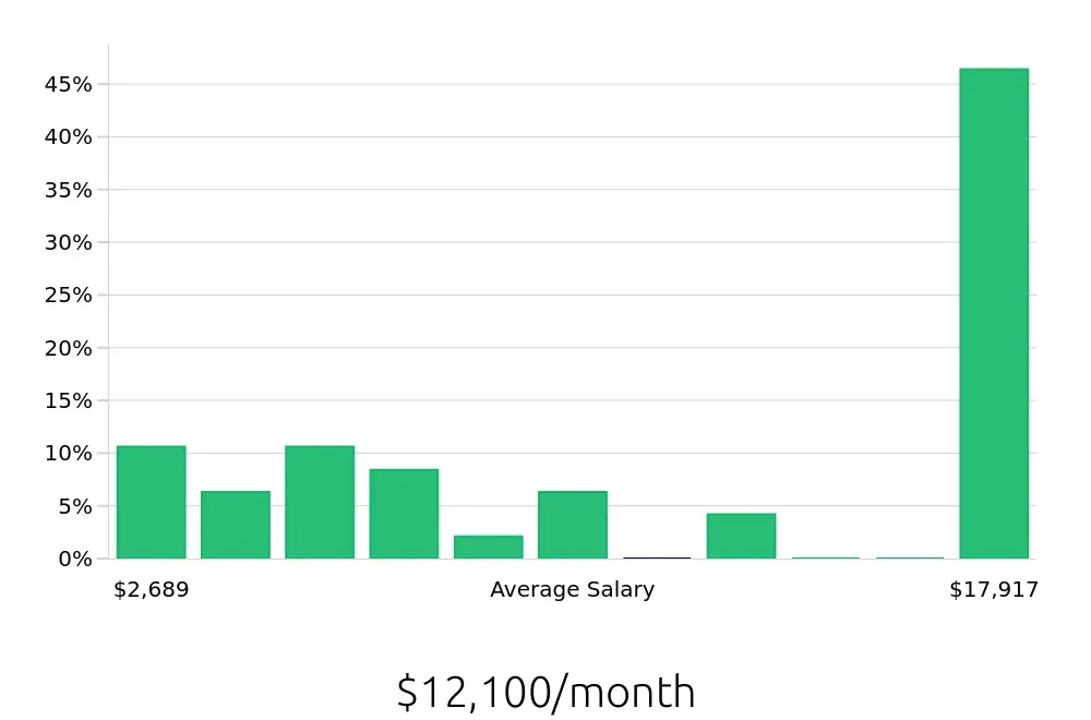 Graph depicting the monthly salary distribution for Sales Professional jobs in Buffalo, NY, showing an average salary of $12,100 with varying distribution percentages across salary ranges.