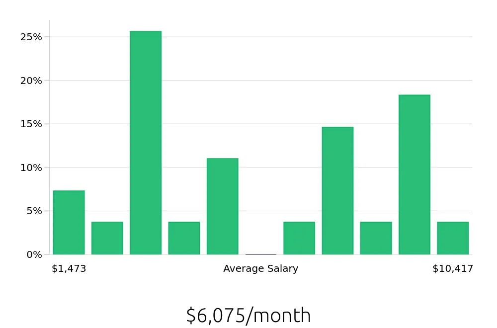 Graph depicting the monthly salary distribution for Sales Professional jobs in Muncie, IN, showing an average salary of $6,075 with varying distribution percentages across salary ranges.