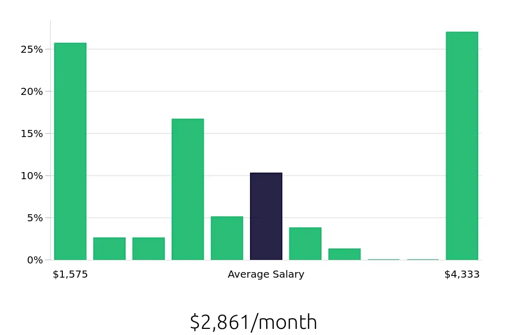 Graph depicting the monthly salary distribution for Server jobs in Binghamton, NY, showing an average salary of $2,861 with varying distribution percentages across salary ranges.