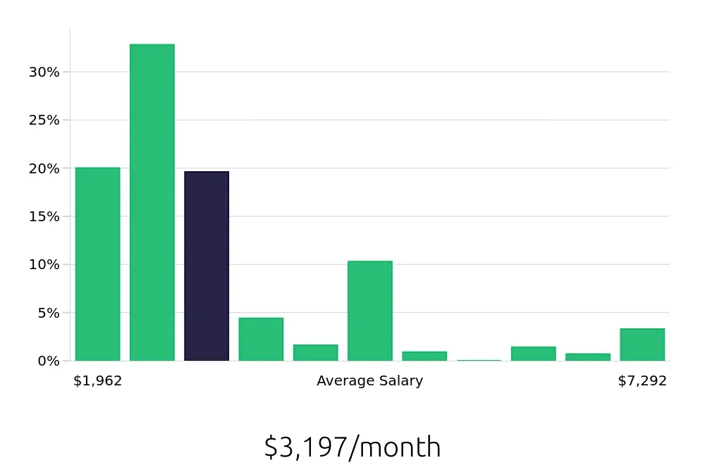 Graph depicting the monthly salary distribution for Server jobs in Duluth, GA, showing an average salary of $3,197 with varying distribution percentages across salary ranges.
