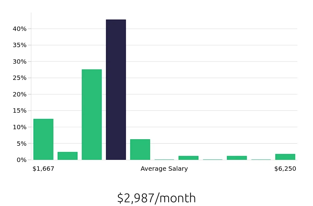 Graph depicting the monthly salary distribution for Server jobs in Garden City, NY, showing an average salary of $2,987 with varying distribution percentages across salary ranges.