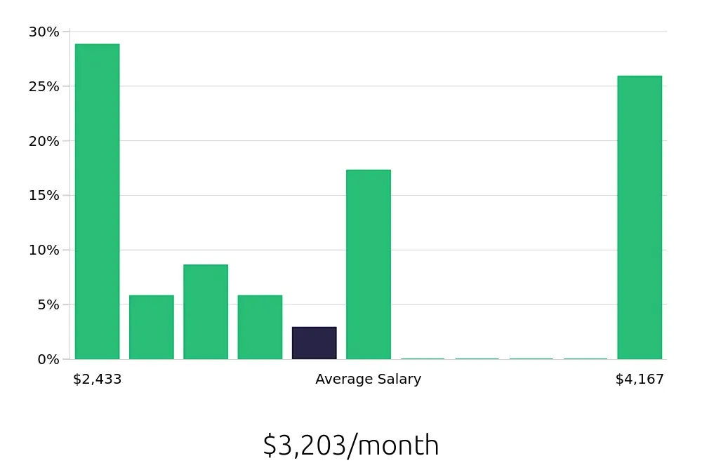Graph depicting the monthly salary distribution for Server jobs in Lockport, NY, showing an average salary of $3,203 with varying distribution percentages across salary ranges.