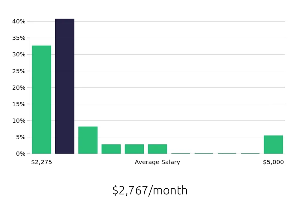 Graph depicting the monthly salary distribution for Server jobs in New Castle, DE, showing an average salary of $2,767 with varying distribution percentages across salary ranges.