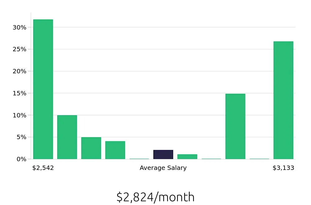 Graph depicting the monthly salary distribution for Store Associate jobs in Ithaca, NY, showing an average salary of $2,824 with varying distribution percentages across salary ranges.