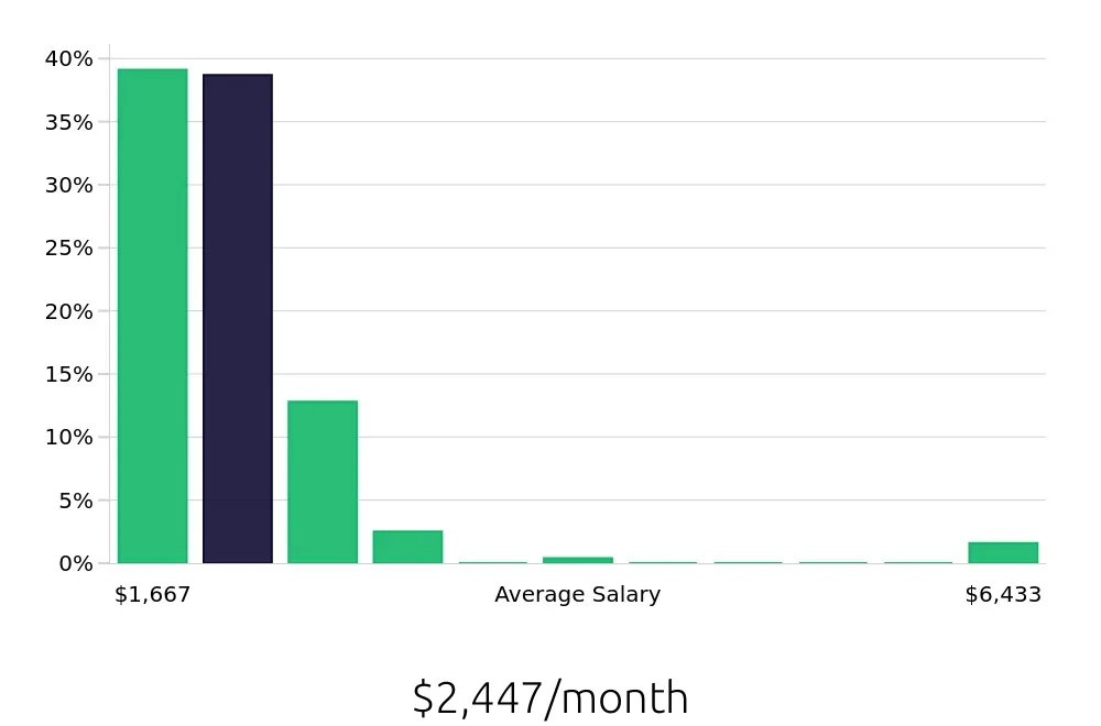 Graph depicting the monthly salary distribution for Team Member jobs in New Braunfels, TX, showing an average salary of $2,447 with varying distribution percentages across salary ranges.