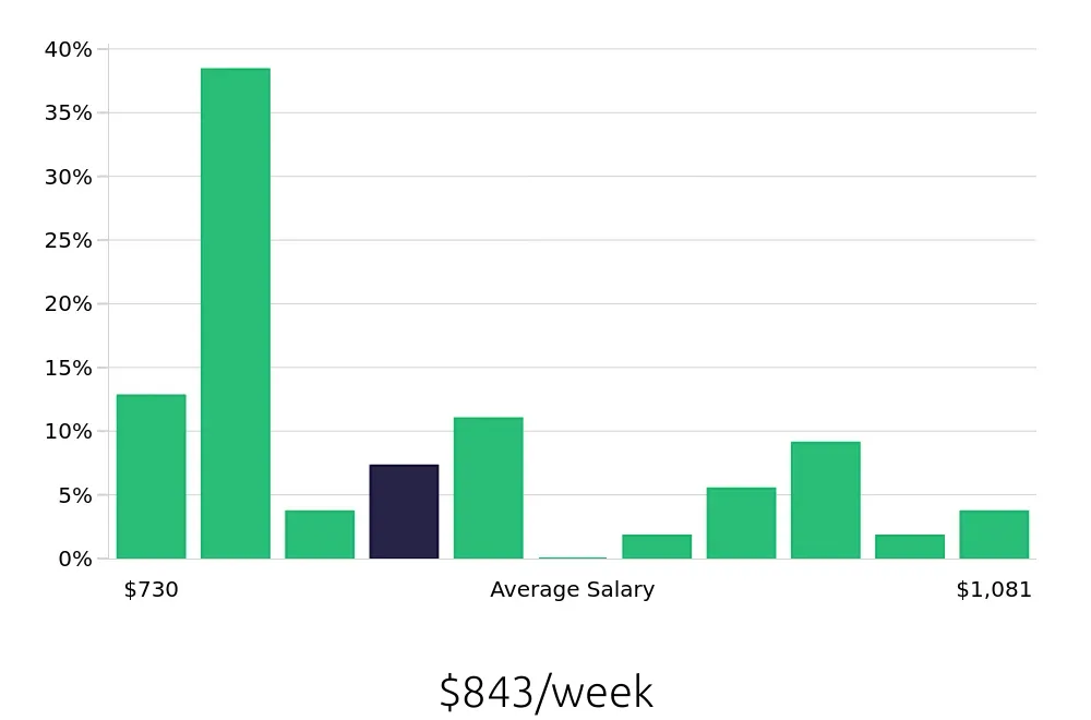 Graph depicting the weekly salary distribution for Construction Laborer jobs in Traverse City, MI, showing an average salary of $843 with varying distribution percentages across salary ranges.