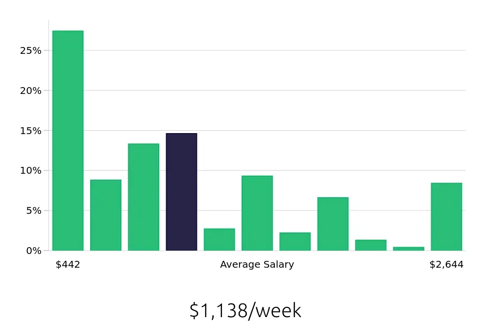 Graph depicting the weekly salary distribution for Dog Groomer jobs in Dallas, TX, showing an average salary of $1,138 with varying distribution percentages across salary ranges.