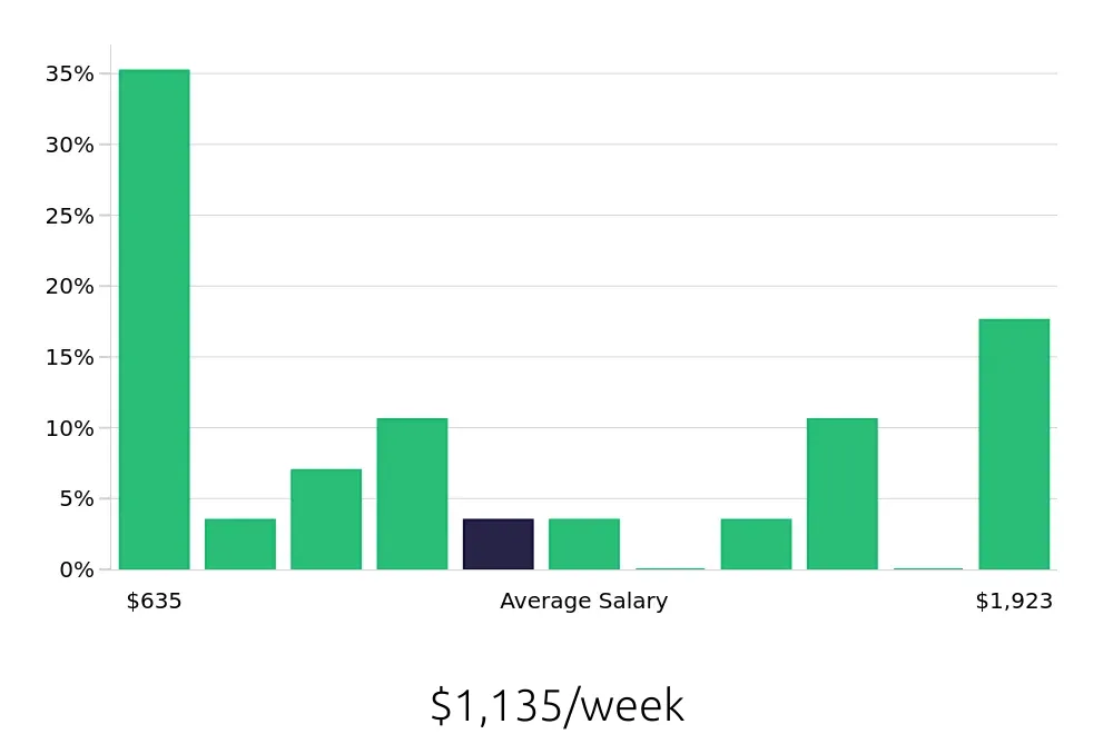 Graph depicting the weekly salary distribution for Insurance Agent jobs in Schenectady, NY, showing an average salary of $1,135 with varying distribution percentages across salary ranges.