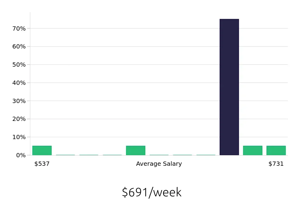 Graph depicting the weekly salary distribution for Laborer jobs in Plano, TX, showing an average salary of $691 with varying distribution percentages across salary ranges.