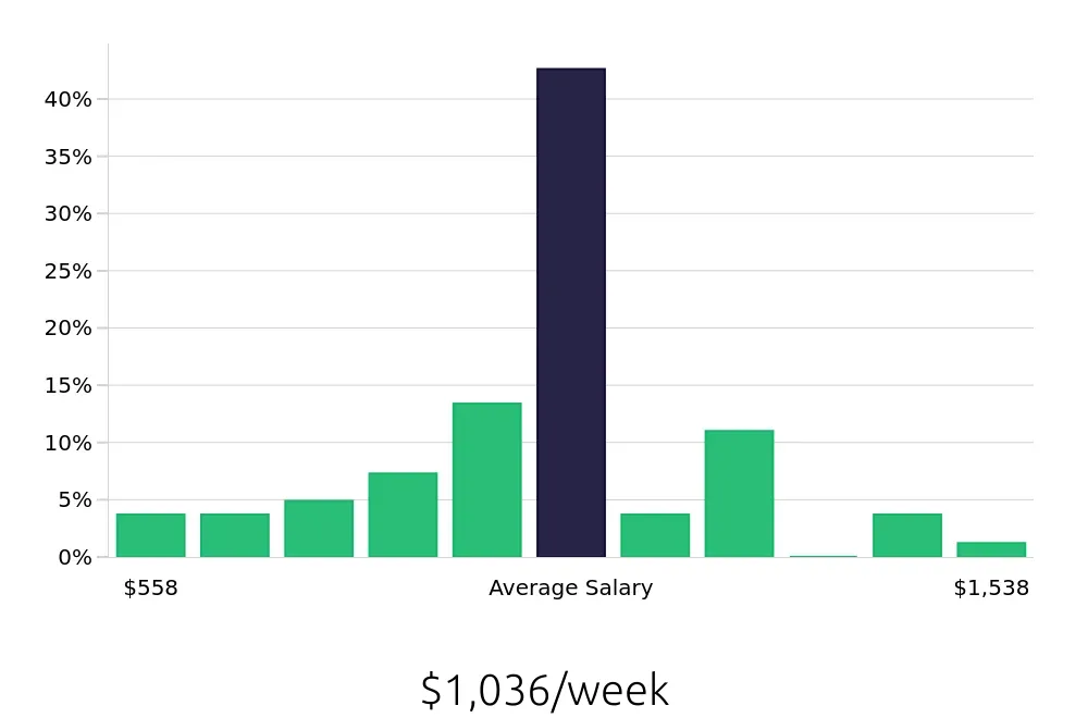 Graph depicting the weekly salary distribution for Maintenance Technician jobs in Rochester, NH, showing an average salary of $1,036 with varying distribution percentages across salary ranges.