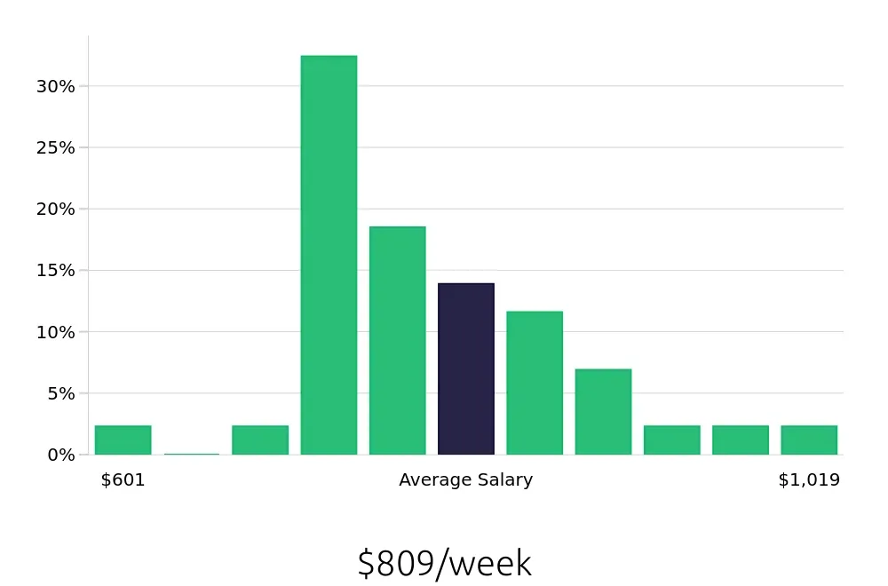 Graph depicting the weekly salary distribution for Painter jobs in Allentown, PA, showing an average salary of $809 with varying distribution percentages across salary ranges.