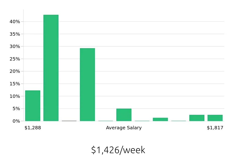 Graph depicting the weekly salary distribution for Paramedic jobs in Brooklyn, NY, showing an average salary of $1,426 with varying distribution percentages across salary ranges.