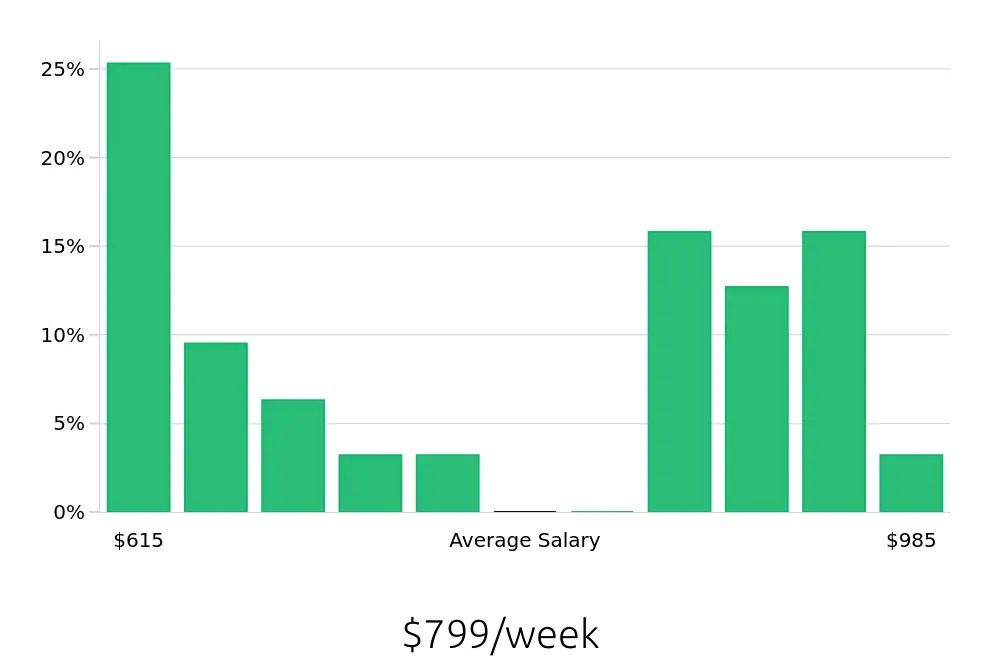 Graph depicting the weekly salary distribution for Public Safety Officer jobs in Brooklyn, NY, showing an average salary of $799 with varying distribution percentages across salary ranges.