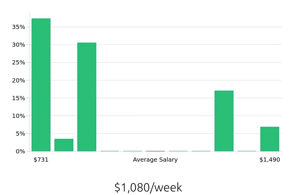 Graph depicting the weekly salary distribution for Sales Professional jobs in Jackson, MI, showing an average salary of $1,080 with varying distribution percentages across salary ranges.