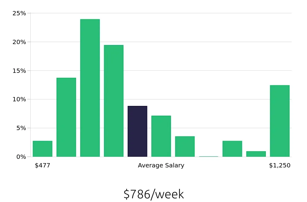 Graph depicting the weekly salary distribution for Server jobs in Salem, NH, showing an average salary of $786 with varying distribution percentages across salary ranges.