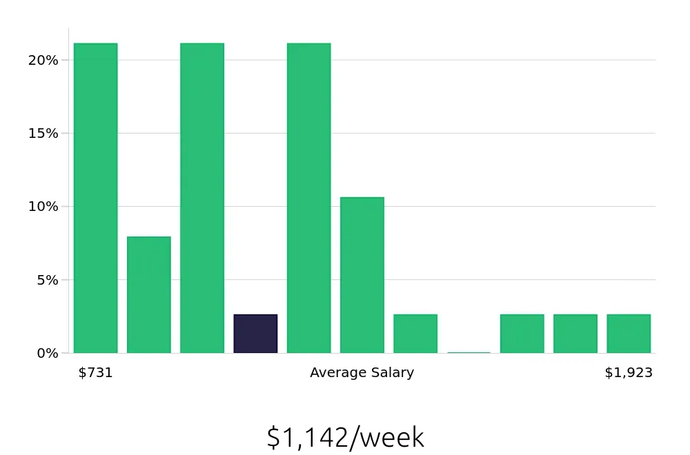 Graph depicting the weekly salary distribution for Social Worker jobs in Hempstead, NY, showing an average salary of $1,142 with varying distribution percentages across salary ranges.