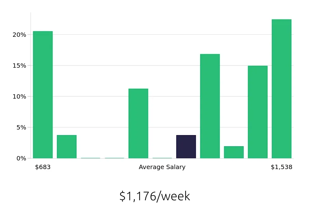 Graph depicting the weekly salary distribution for Social Worker jobs in Salisbury, MD, showing an average salary of $1,176 with varying distribution percentages across salary ranges.