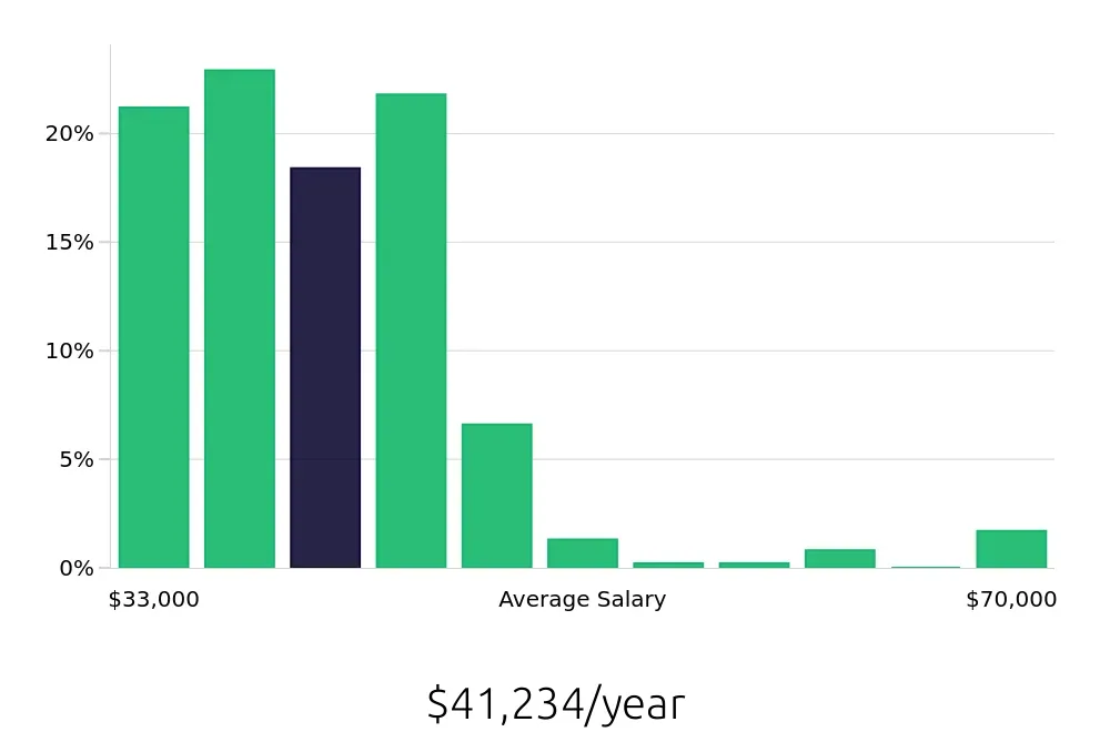 Graph depicting the yearly salary distribution for Baker jobs in New York, NY, showing an average salary of $41,234 with varying distribution percentages across salary ranges.