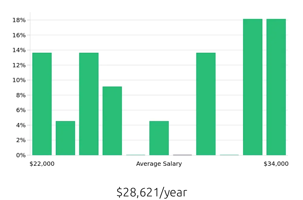Graph depicting the yearly salary distribution for Barista jobs in Boone, NC, showing an average salary of $28,621 with varying distribution percentages across salary ranges.