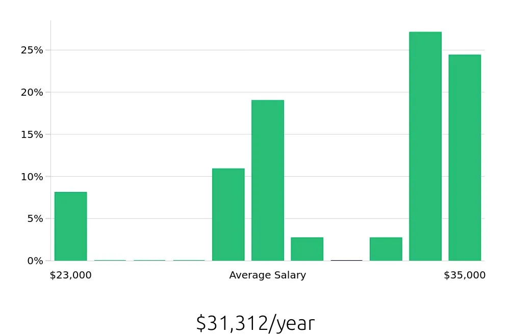 Graph depicting the yearly salary distribution for Barista jobs in Duluth, MN, showing an average salary of $31,312 with varying distribution percentages across salary ranges.