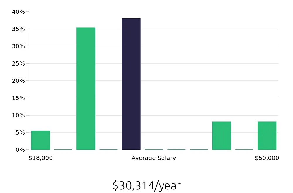 Graph depicting the yearly salary distribution for Bartender jobs in Bluffton, SC, showing an average salary of $30,314 with varying distribution percentages across salary ranges.