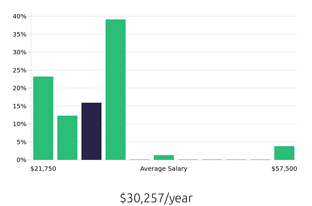 Graph depicting the yearly salary distribution for Bus Driver jobs in Knoxville, TN, showing an average salary of $30,257 with varying distribution percentages across salary ranges.