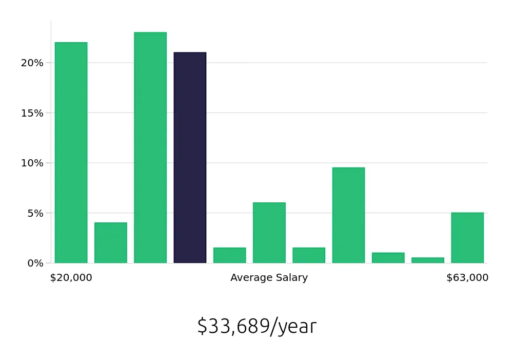 Graph depicting the yearly salary distribution for Busser jobs in Brooklyn, NY, showing an average salary of $33,689 with varying distribution percentages across salary ranges.